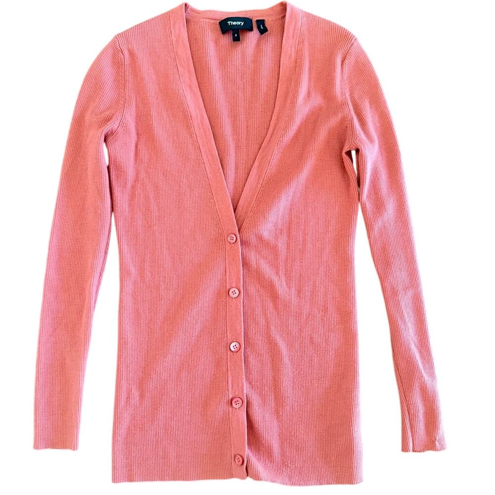 Theory Dusty Rose Pink Ribbed Merino Wool V-Neck Button Long Sleeve Cardigan